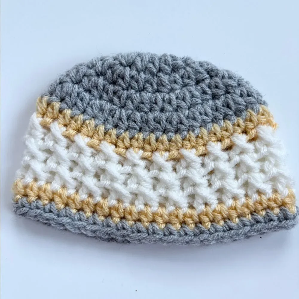 Set of 3 Crochet Baby Hats 0-3 Yellow Grey White